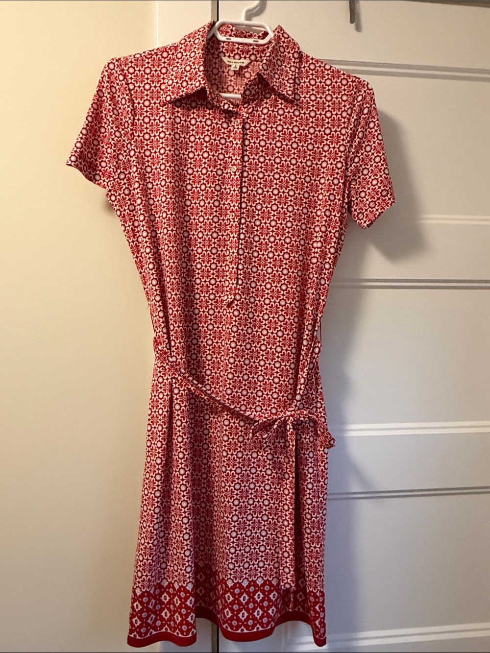 Max Studio Red Printed Short-Sleeve Midi Shirt Dress with Tie